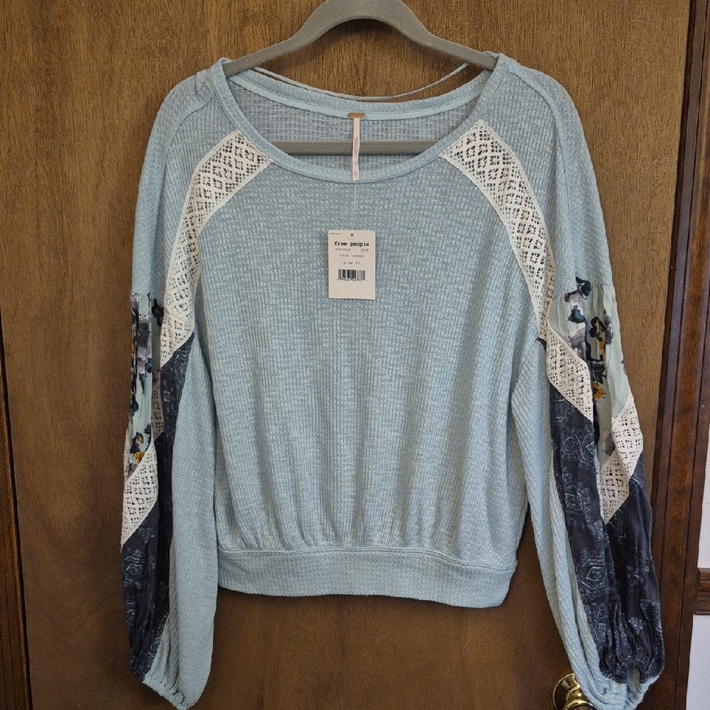 Free People Light Blue Lace Accent Sweatshirt